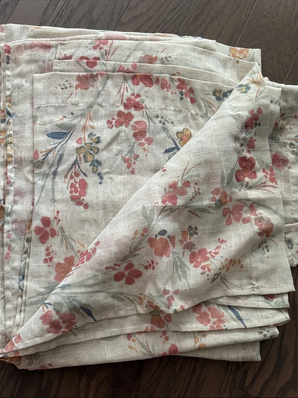 Set of Four 95” Muted Floral Semi Sheer Linen-Blend Window Curtain Panels